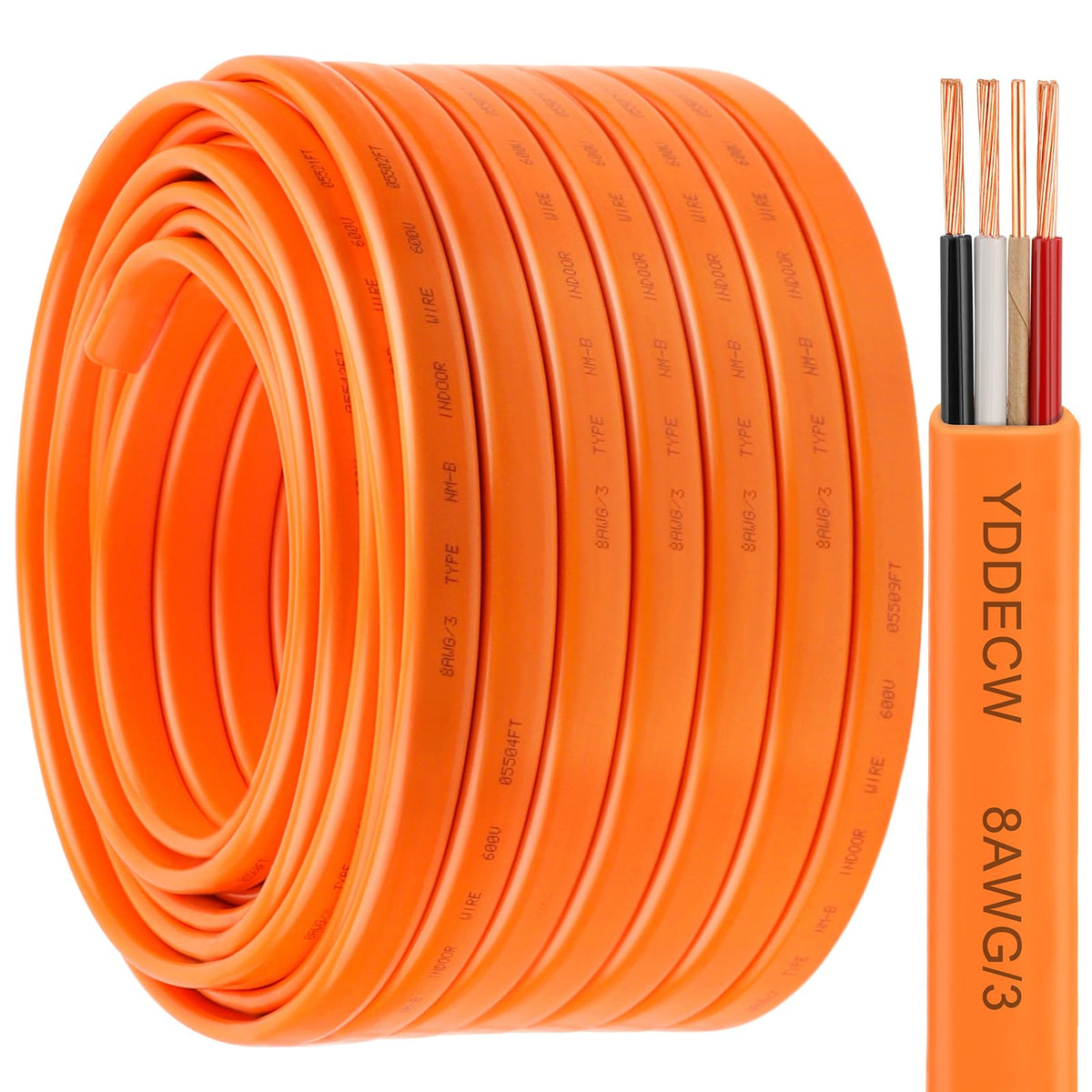 8/3 NM-B Wire with Ground - 100FT 8 AWG 3 Conductor Non-Metallic Sheathed Cable Pure Copper Residential Indoor Wire for Outlets, Switches, Other Loads and Lighting Wiring Projects etc.(Orange) (100FT)
