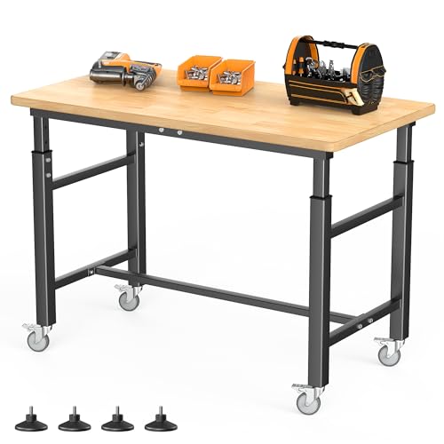 Adjustable Workbench with Rubberwood Top Rolling (42 in x 20 in)