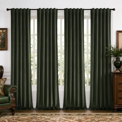 Olive Green Velvet Curtains 4 Panel Set Back Tab 40x120 Inch Long (Olive Green / 40"W x 120"L (Pack of 4))