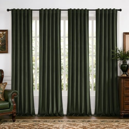 Olive Green Velvet Curtains 4 Panel Set Back Tab 40x120 Inch Long (Olive Green / 40"W x 120"L (Pack of 4))