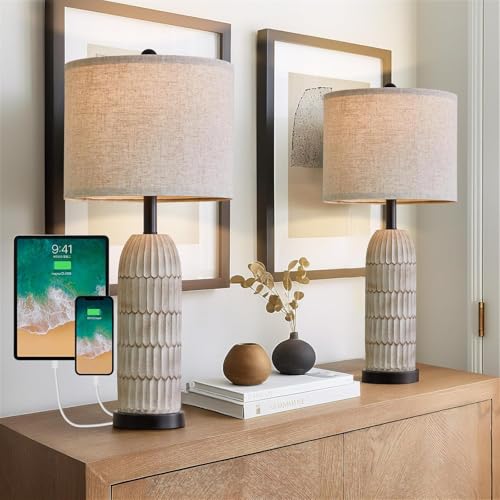 Table Lamp Set of 2 for Bedroom Living Room with USB A+C Charging Ports Modern Farmhouse Bedside End Lamps Rustic Nightstand Lamps