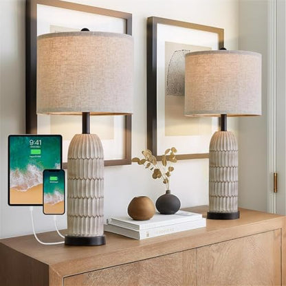 Table Lamp Set of 2 for Bedroom Living Room with USB A+C Charging Ports Modern Farmhouse Bedside End Lamps Rustic Nightstand Lamps