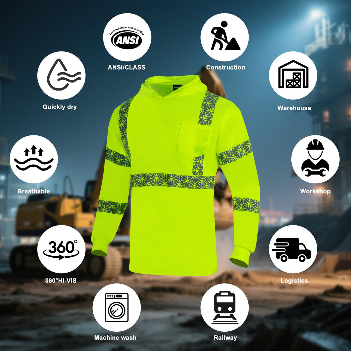 2PCS High Visibility Reflective Safety Shirts with Hood (X-Large / Yellow)