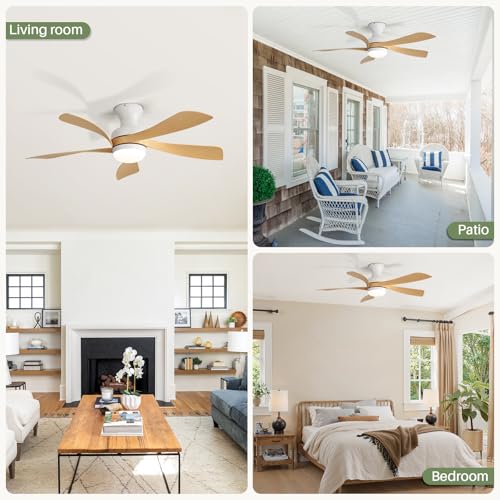 42 Inch Low Profile Ceiling Fans with Lights and Remote (White+Wood / 42 inch)