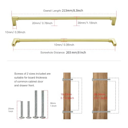10 Pack Cabinet Pulls 8" (Brushed Gold / 8"(203mm)Hole Center-5Pcs)