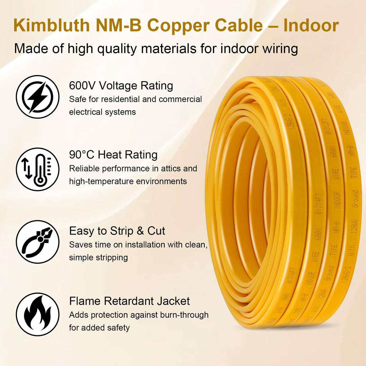 12/2 NM-B with Ground, Solid Indoor Electrical Wire, 100 FT, Yellow (Yellow / 12AWG/2 100FT)