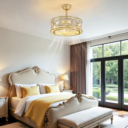 Farmhouse Fandelier Ceiling Fan with Lights 19 Inch Gold Rustic Vintage Crystal Ceiling Fan Antique Fandelier Semi Flush Mount Bladeless Chandelier Fan for Bedroom Living Room Dining Room (Gold / Downrod)