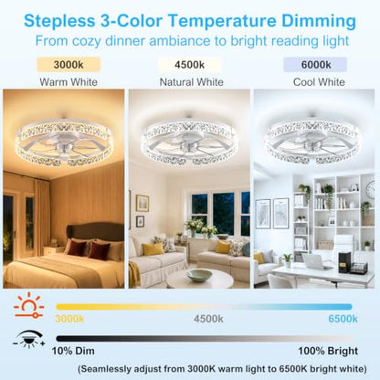 Ceiling Fans with Lights and Remote (White-Crystal / 20 INCH)