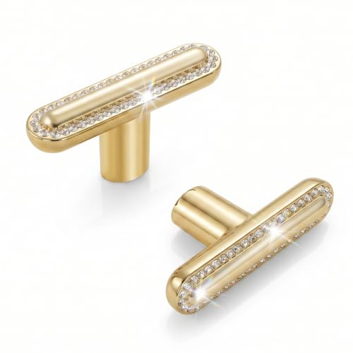 Gold T Bar Crystal Drawer Knobs for Kitchen Cabinets and Dressers