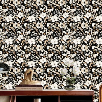 Vintage Dark Black Floral Peel and Stick Wallpaper Botanical Flower Waterproof Removable Self Adhesive Vinyl Contact Wall Paper for Bedroom Bathroom 17.5" X 196"