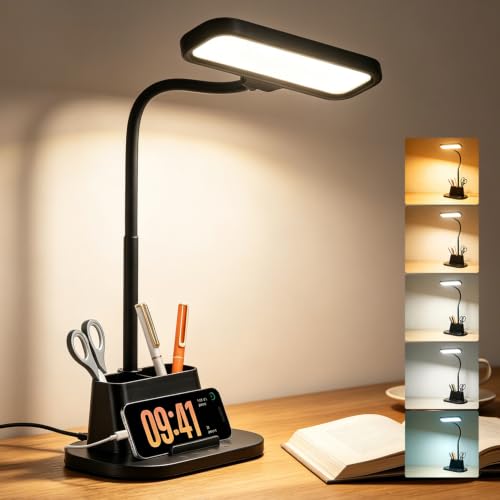LED Desk Lamp for Dorm Room Small Desk Lamp with Pen Holder 5 Color Modes