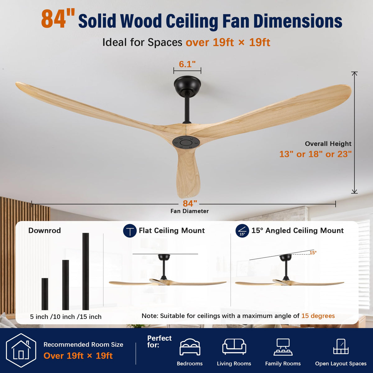 84 Inch Solid Wood 3 Blade No Light Ceiling Fan (Black / 84'')