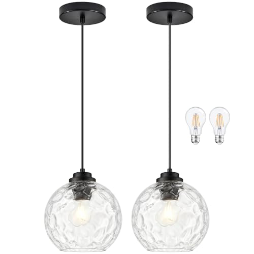 8" Modern Pendant Lights Kitchen Island Black Mid Century Modern Pendant Light Fixtures with Clear Glass Globe 2 Pack Modern Hanging Pendant Light for Bathroom Dining Room （Bulb Incl.） (Black & Hammered Glass / 8 Inch)