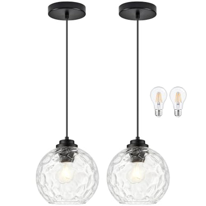 8" Modern Pendant Lights Kitchen Island Black Mid Century Modern Pendant Light Fixtures with Clear Glass Globe 2 Pack Modern Hanging Pendant Light for Bathroom Dining Room （Bulb Incl.） (Black & Hammered Glass / 8 Inch)