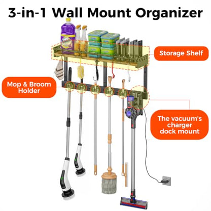 Heavy Duty Wall Mount Mop and Broom Organizer with Hooks