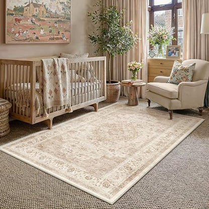 3x4 Beige Washable Area Rug Non Slip Vintage Carpet (Vintage | Beige / 3' x 4' (Rectangular))
