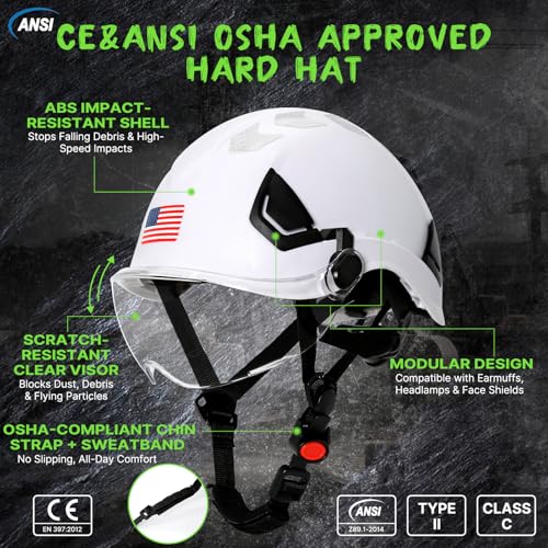 Type 2 Hard Hat with Clear Visor and Chin Strap (White Hard Hat with Visor)