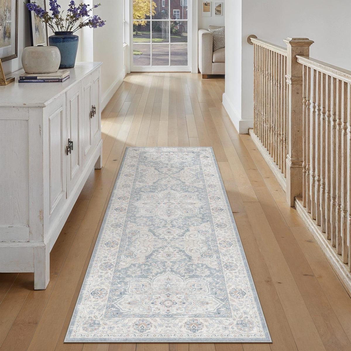 Blue 2x6 Runner Rug Washable Vintage Indoor Carpet (E| Blue / 2' x 6' (Runner))