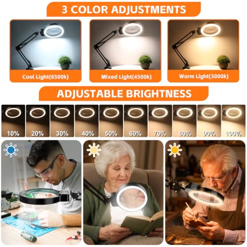 12X 30X Large Magnifying Glass with Light and Clamp