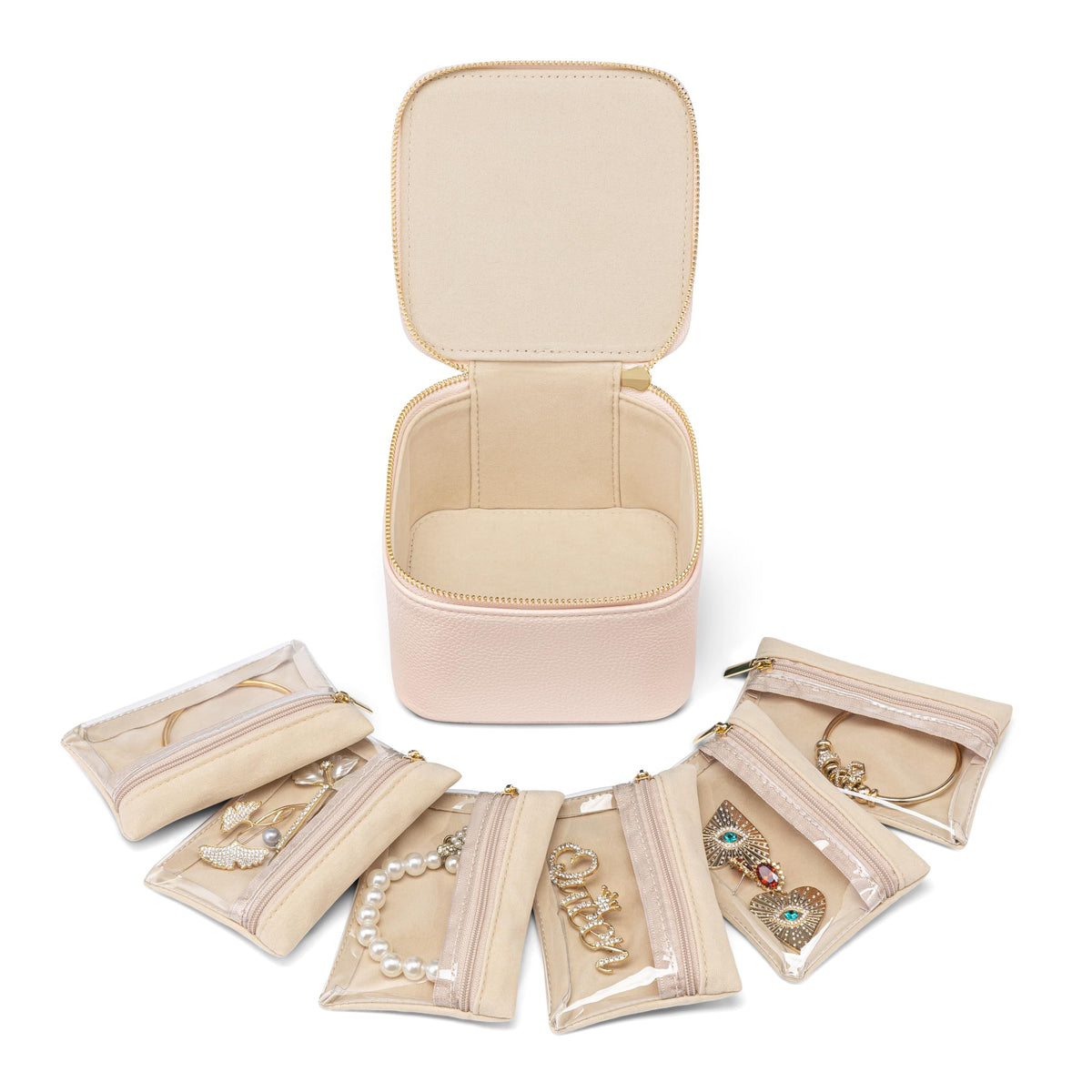 Travel Jewelry Case with 6 Clear Velvet Zipper Pouches (B.6 PCS Pink)