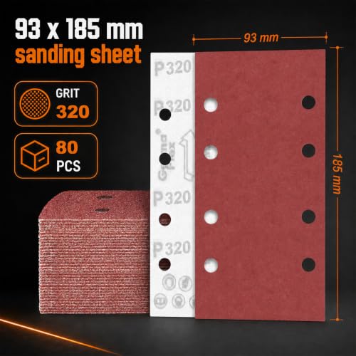 80 PCS 1 3 Sandpaper Sheets 320 Grit 8 Hole (GRIT 320 / 3.6 x 7.3 INCH)