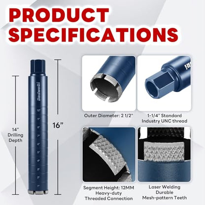 2-1/2" Core Drill Bit with Etched Depth Scale – Industrial for Reinforced Concrete, Brick Block, Masonry,1-1/4"-7 UNC,14" Drilling Depth, Precision-Welded & Aggressive Sharp 12mm Segments, Wet (2-1/2 Inch)