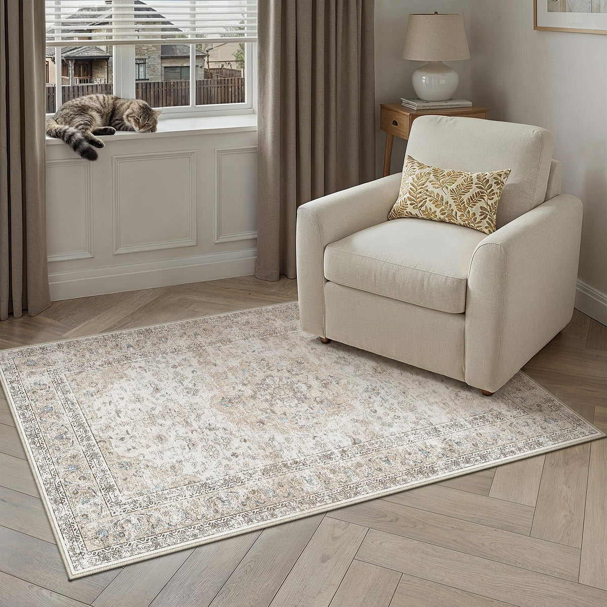 3x4 Washable Area Rug Beige Grey Non Slip Vintage Carpet (Vintage | Beige Multi / 3' x 4' (Rectangular))