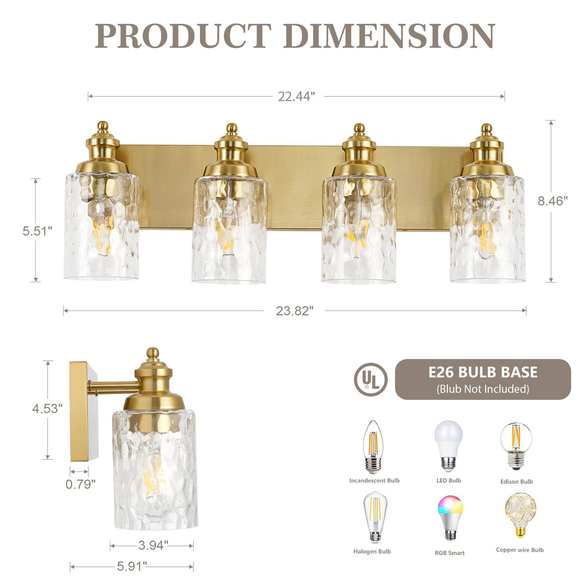 4 Light Bathroom Light Fixtures with Water Ripple Glass (Gold / 4-light)
