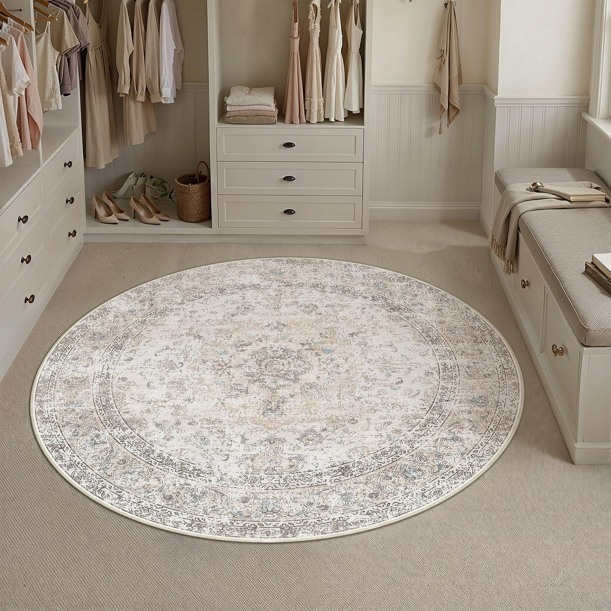 4R Washable Round Rug Beige Grey Non Slip Vintage Carpet (Vintage | Beige Multi / 4' (Round))