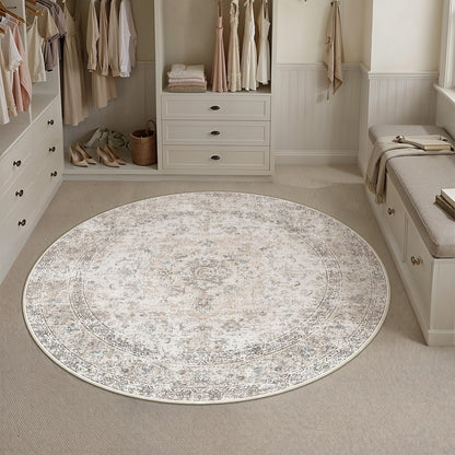 4R Washable Round Rug Beige Grey Non Slip Vintage Carpet (Vintage | Beige Multi / 4' (Round))