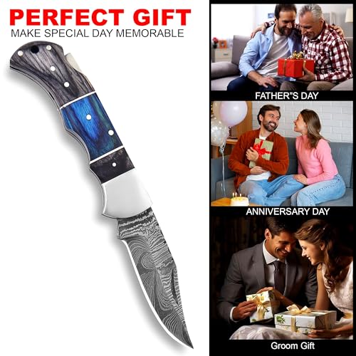 Damascus Pocket Folding Knife with Blue & Black Wooden Handle & Leather Sheath