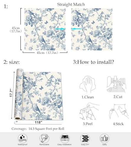 Blue Floral Bird Peel and Stick Wallpaper