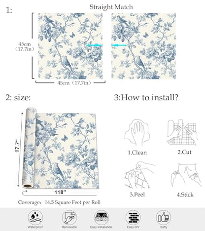 Blue Floral Bird Peel and Stick Wallpaper