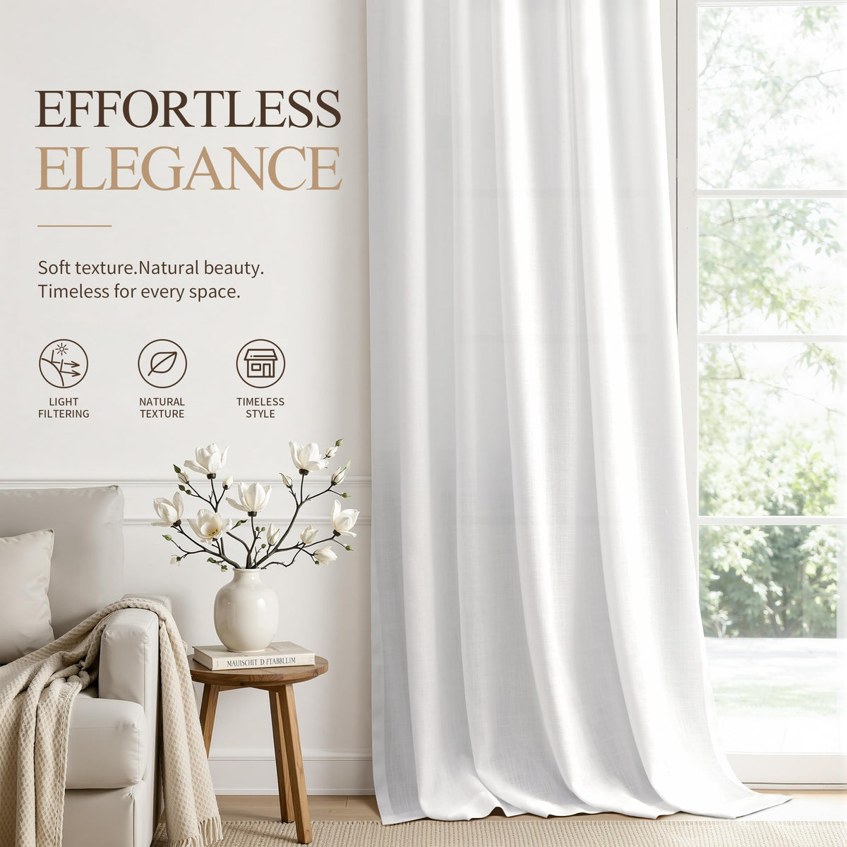 White Linen Curtains 102 Inches Long for Living Room 2 Panels (White / 52"W x 102"L (Pack of 2))
