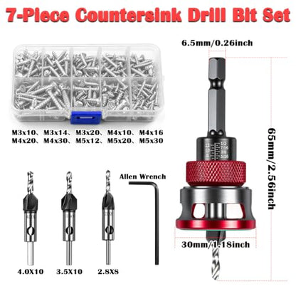 Countersink Drill Bit Set with Adjustable Depth