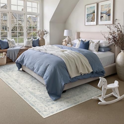 8x10 Blue Washable Area Rug Non Slip Vintage Carpet (Vintage | Blue / 8' x 10' (Rectangular))