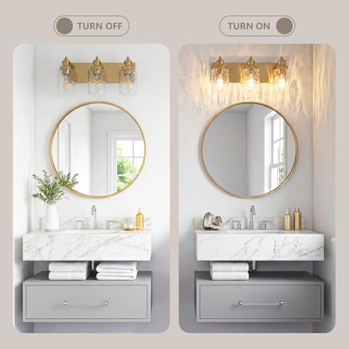 3 Light Bathroom Light Fixtures with Water Ripple Glass (Gold / 3-light)