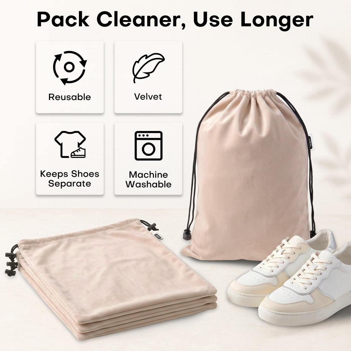 4 Pack Velvet Cloth Shoe Bags for Travel & Packing for Women & Men (Camel Beige)