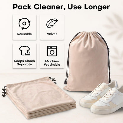 4 Pack Velvet Cloth Shoe Bags for Travel & Packing for Women & Men (Camel Beige)