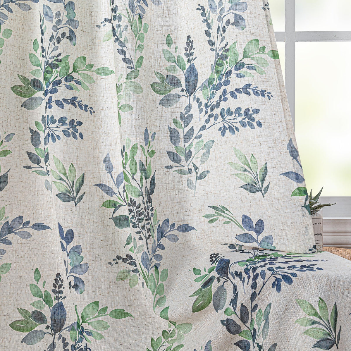 Floral Linen Curtains 90 inch Long 2 Panels Set Leaf Patterned Semi Sheer Light Filtering Privacy Farmhouse Grommet Drapes for Living Room Bedroom (B-green / 52"W x 90"L (Pack of 2))