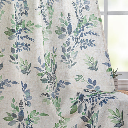 Floral Linen Curtains 90 inch Long 2 Panels Set Leaf Patterned Semi Sheer Light Filtering Privacy Farmhouse Grommet Drapes for Living Room Bedroom (B-green / 52"W x 90"L (Pack of 2))