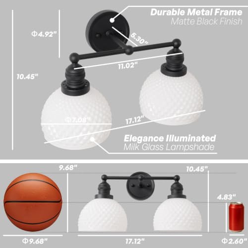 Vintage 2 Light Black Bathroom Light Fixtures with Milk Glass (2-Black)