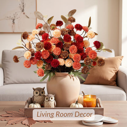 32 PCS Silk Mums Artificial Fall Flowers with Eucalyptus for Vase (Yellow Red Orange Brown)