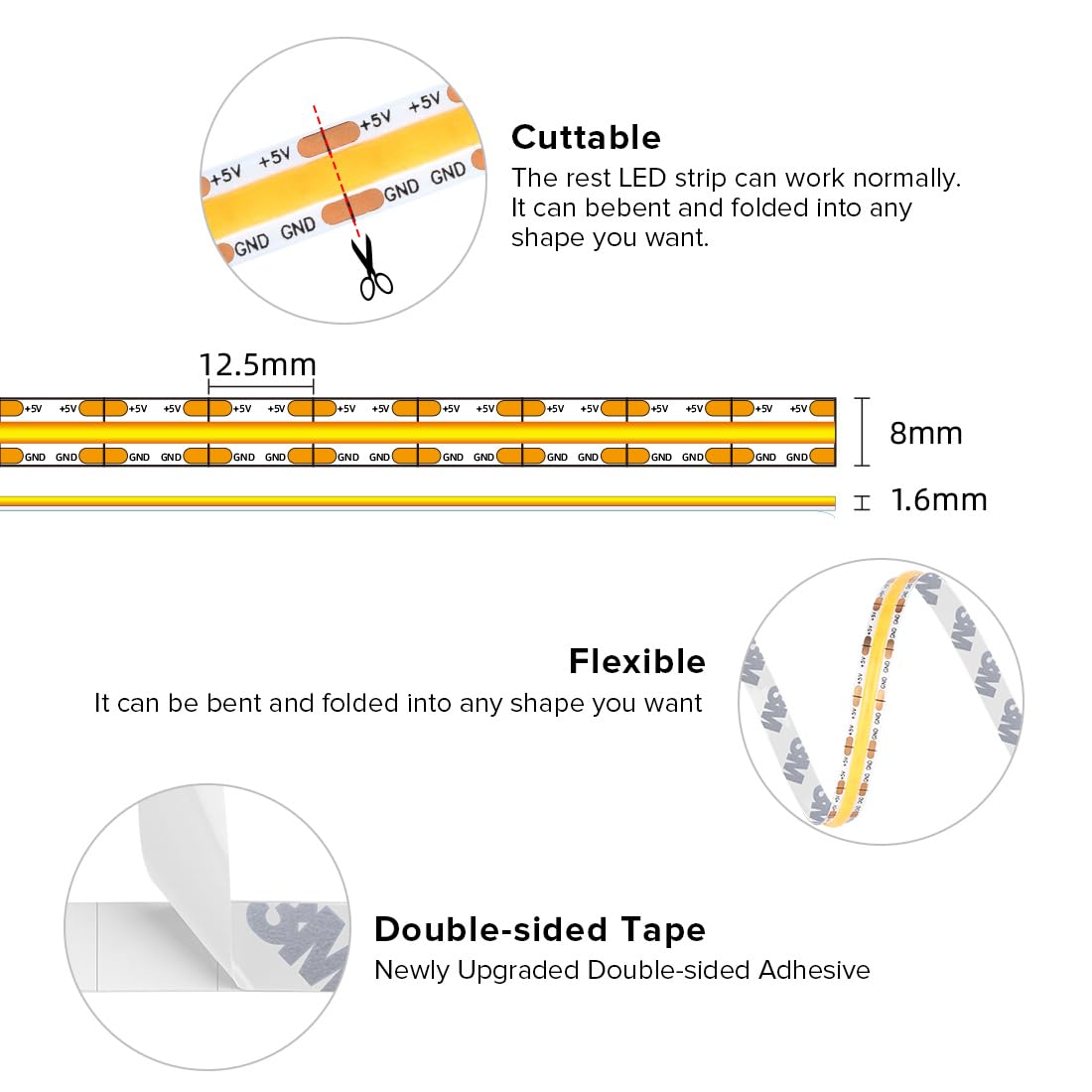 FCOB COB LED Strip Lights 5V USB Powered Warm White 2700K (Warm White 2700K / 3.28FT)