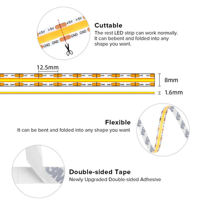 FCOB COB LED Strip Lights 5V USB Powered Warm White 2700K (Warm White 2700K / 3.28FT)