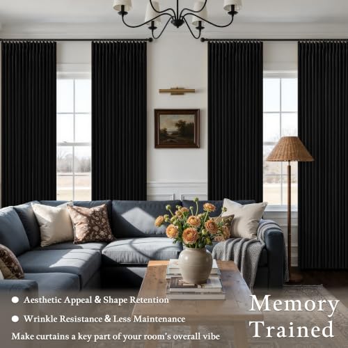 Modern Black Pleated Linen Blackout Curtains 90 Inches Long for Living Room (Black / 50"W x 90"L (Pack of 2))