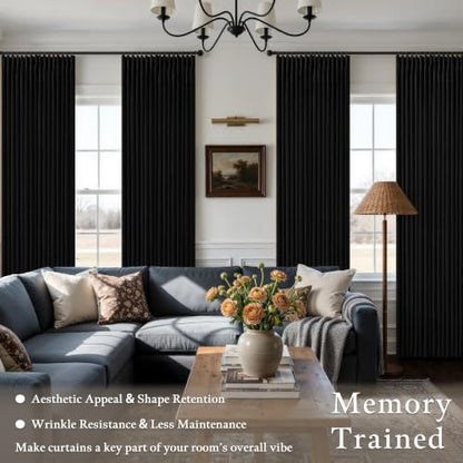Modern Black Pleated Linen Blackout Curtains 90 Inches Long for Living Room (Black / 50"W x 90"L (Pack of 2))