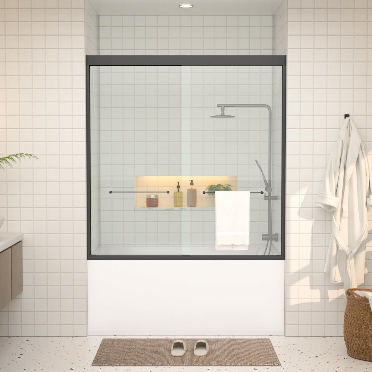 Double Sliding Glass Bathtub Shower Door 55 (Black / 60''x62'')