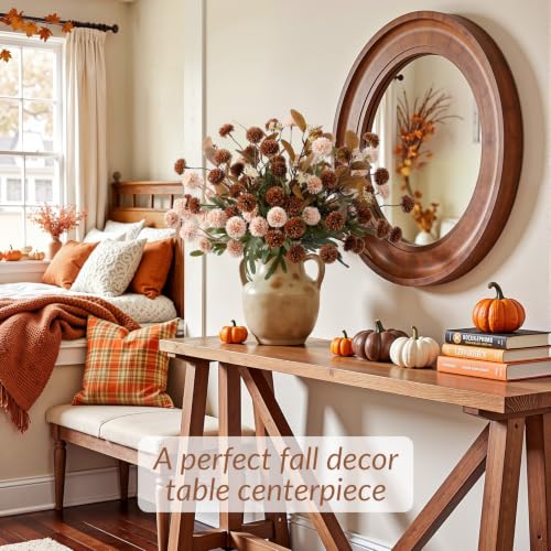 16 PCS Silk Mums Artificial Fall Flowers with Eucalyptus for Vase (Beige Brown)
