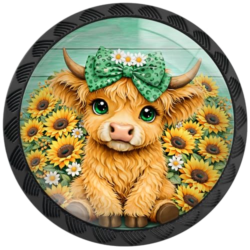 4 Pack Highland Cow with Sunflower Cabinet Knobs for Kitchen